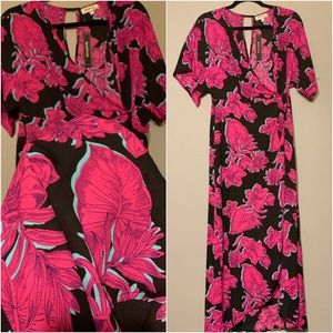 NWT Black, Hot Pink + Teal Palm Maxi